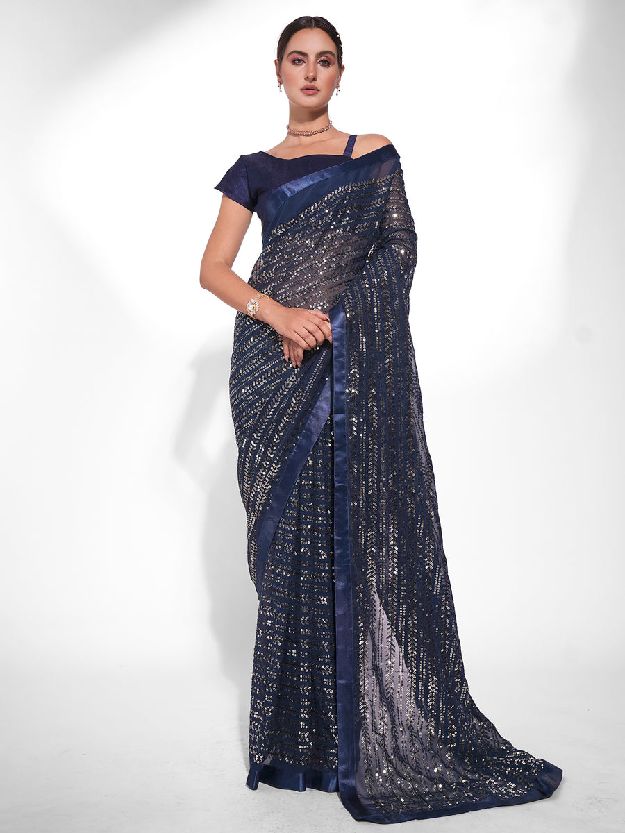 Heavy Designer Blue Georgette Saree with Embroidery
