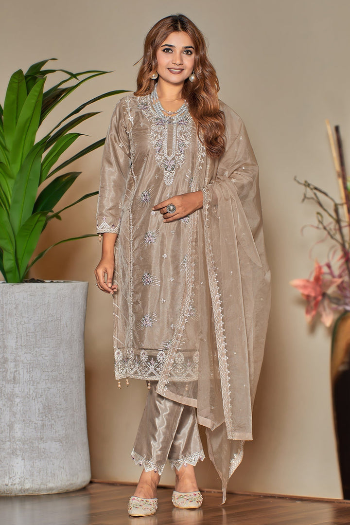 Elegant Light Brown Organza Suit | Chic Ethnic Wear with a Gorgeous Dupatta