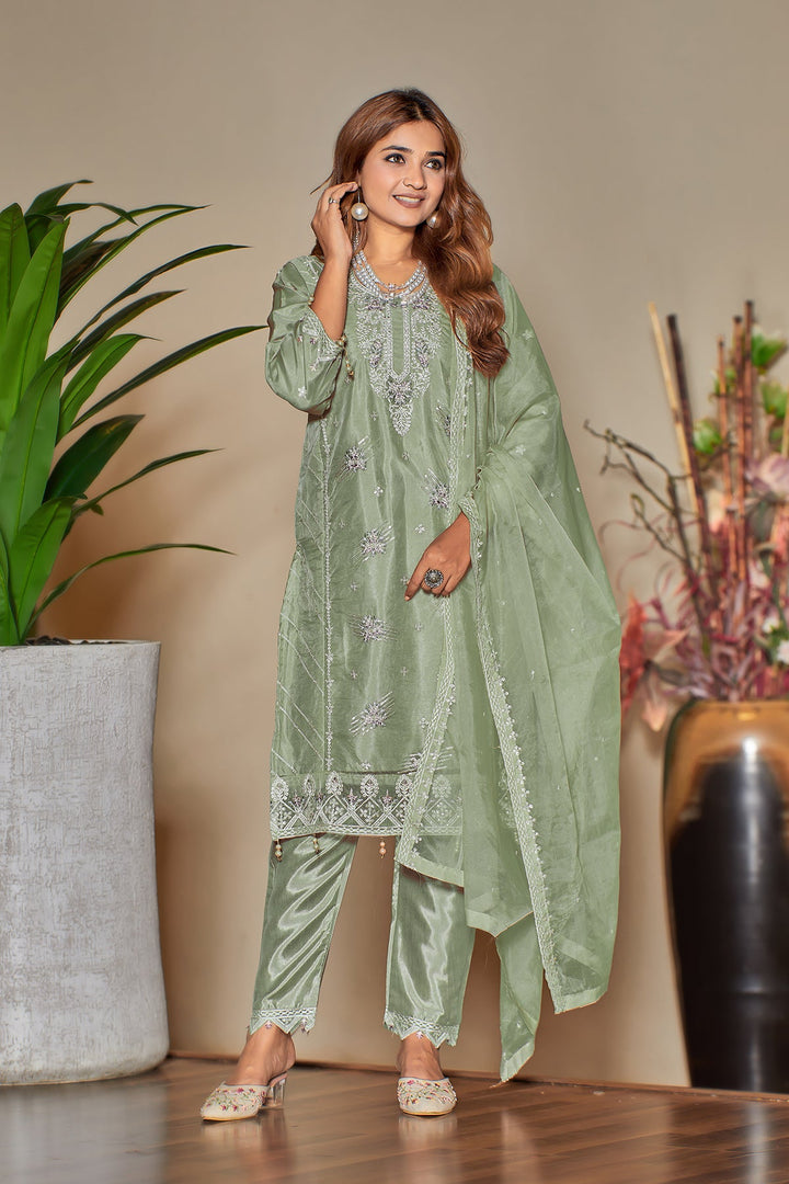 Stylish Organza Pista Salwar Kameez | Organza Dupatta Work