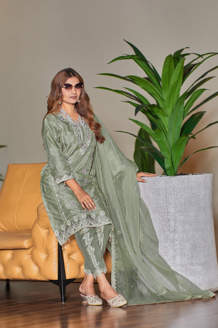 Stylish Organza Pista Salwar Kameez | Organza Dupatta Work