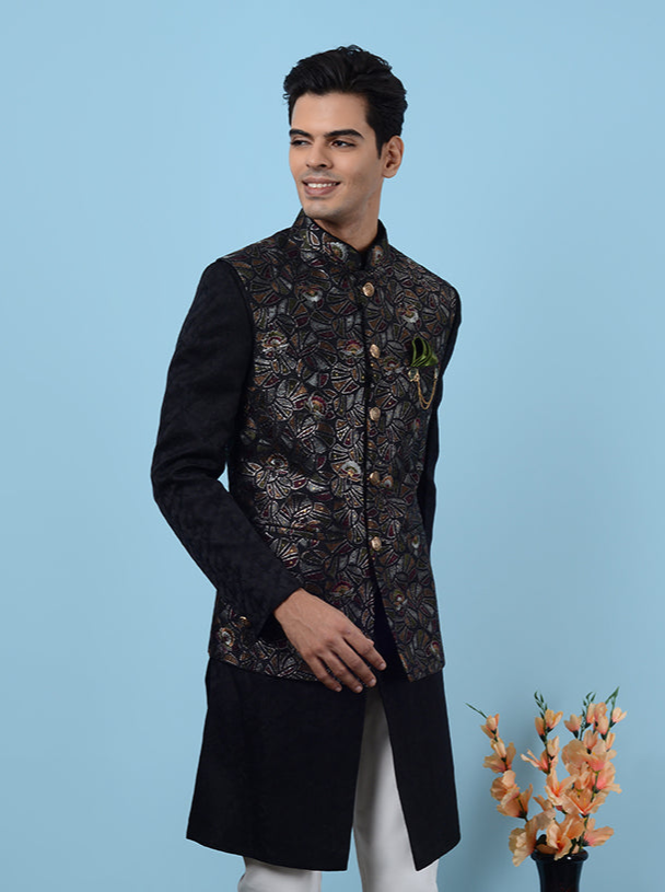 Stylish Black Silk Blend Indowestern | Resham & Sequins Embroidery
