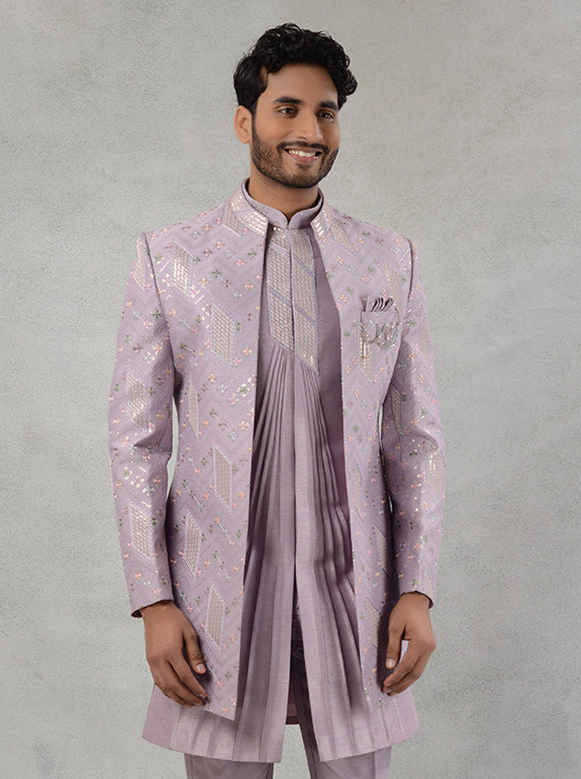Indowestern Silk Blend Embroidered Lilac Suit | Resham & Sequins Work