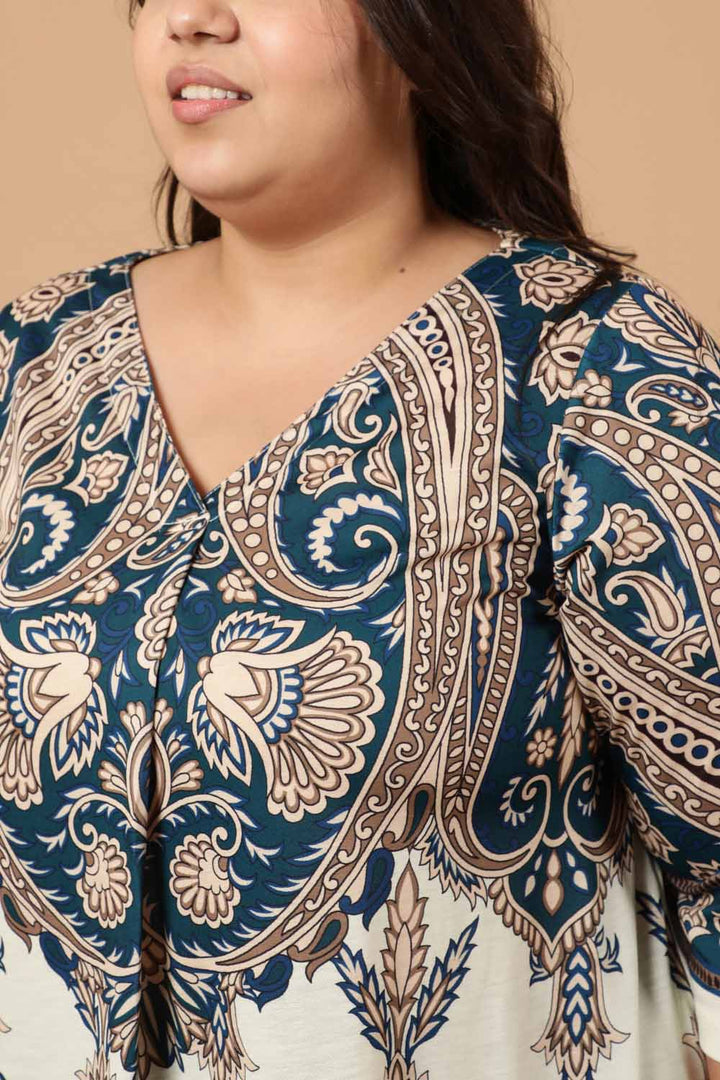 Plus Size Cream Luxe Ethnic Print Centre Pleat Top