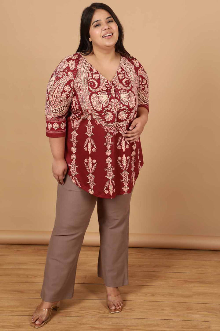 Plus Size Maroon Luxe Ethnic Print Centre Pleat Top