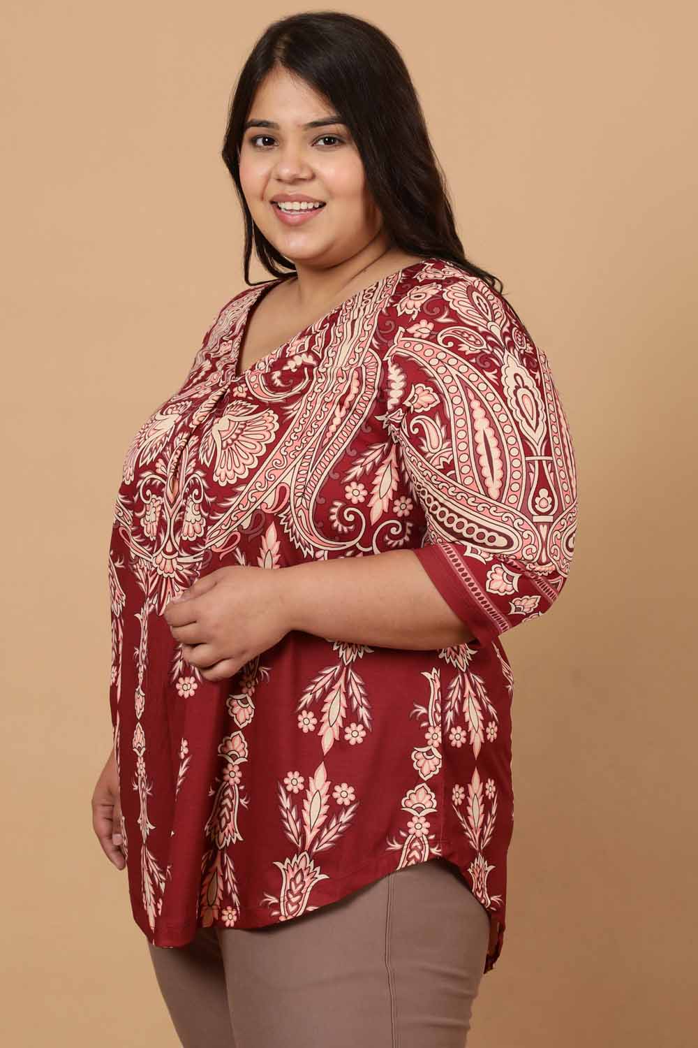 Plus Size Maroon Luxe Ethnic Print Centre Pleat Top