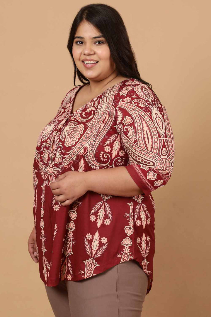 Plus Size Maroon Luxe Ethnic Print Centre Pleat Top