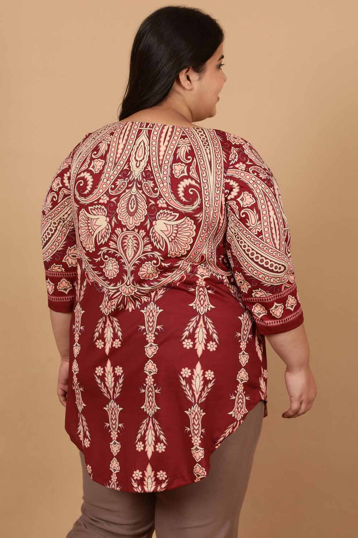 Plus Size Maroon Luxe Ethnic Print Centre Pleat Top