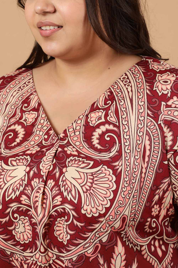 Plus Size Maroon Luxe Ethnic Print Centre Pleat Top