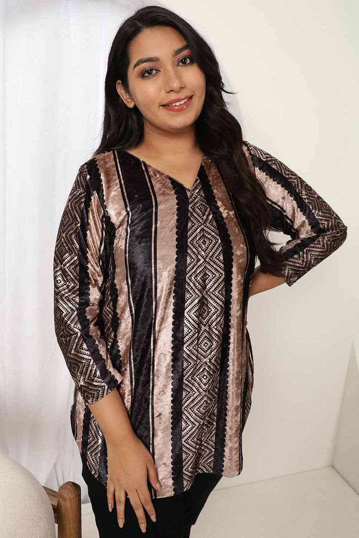Black Beige Stripe Velvet Top