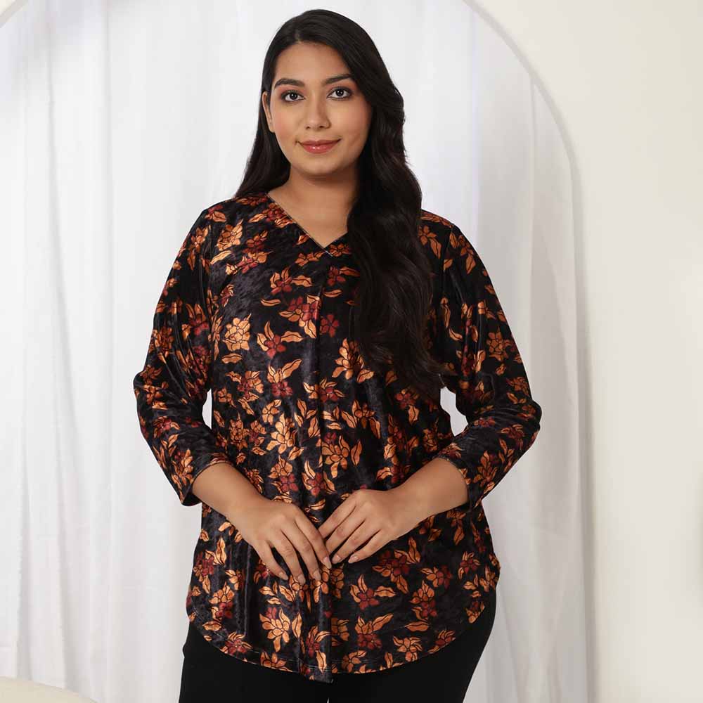 Black Blossom V Neck Velvet Top