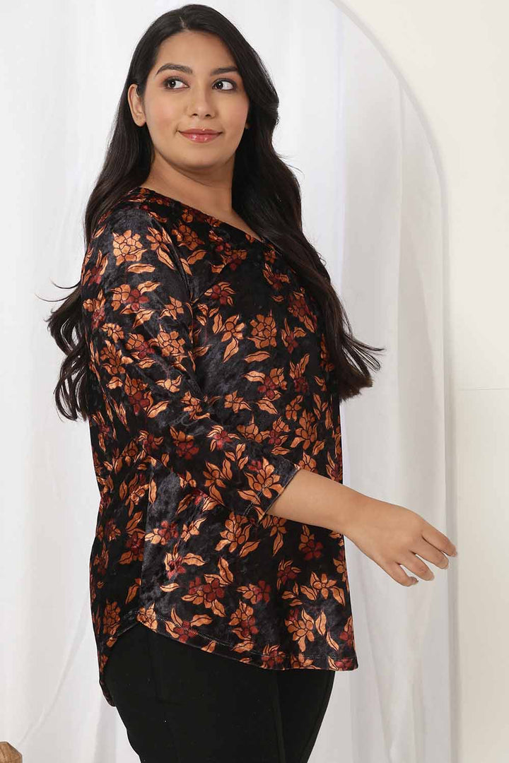 Black Blossom V Neck Velvet Top