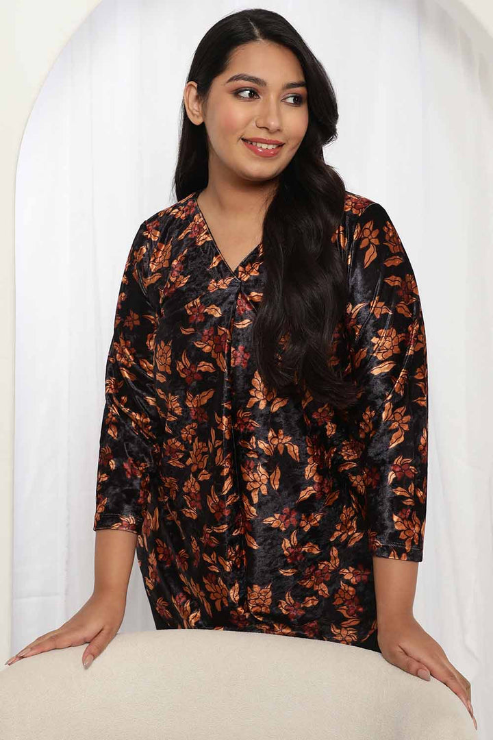 Black Blossom V Neck Velvet Top