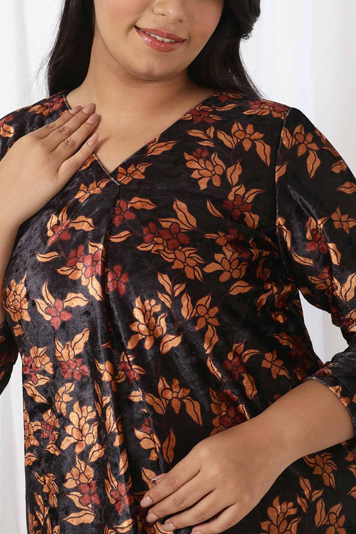 Black Blossom V Neck Velvet Top