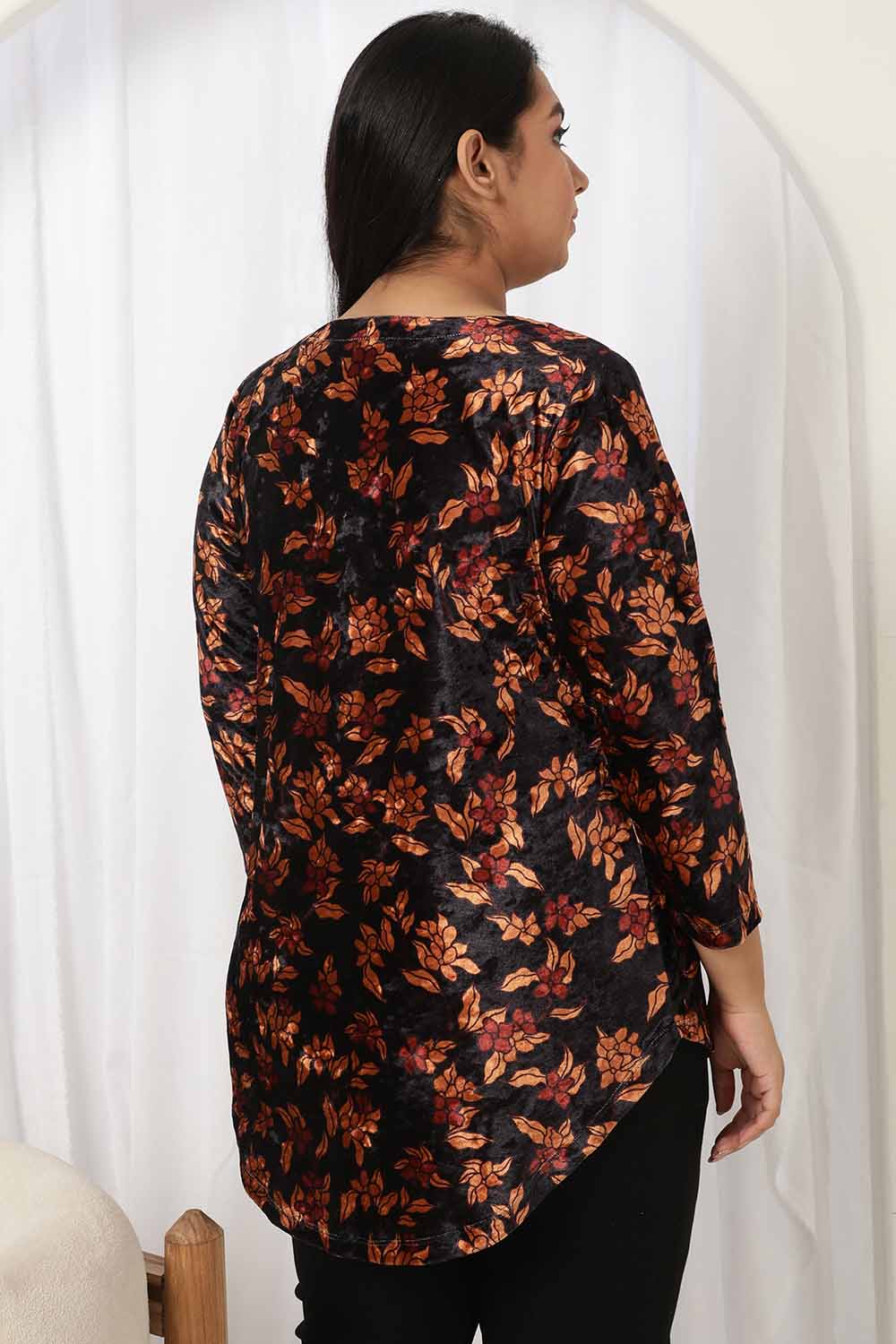 Black Blossom V Neck Velvet Top