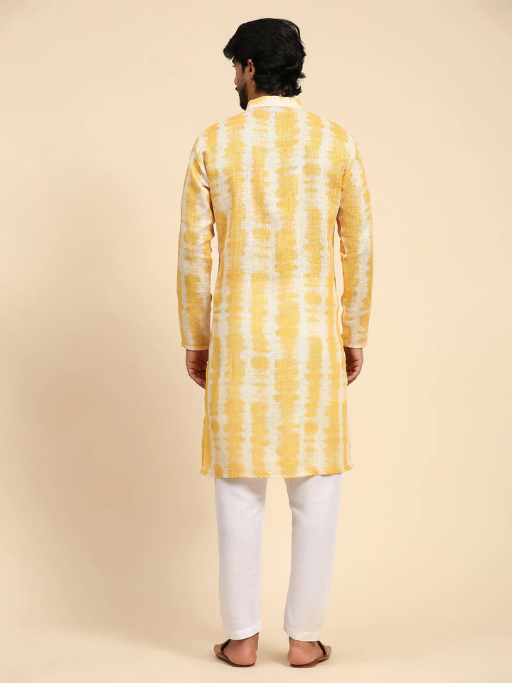 Haldi Ceremony Kurta Pajama for Men | Stylish Linen with Tie-Dye Prints