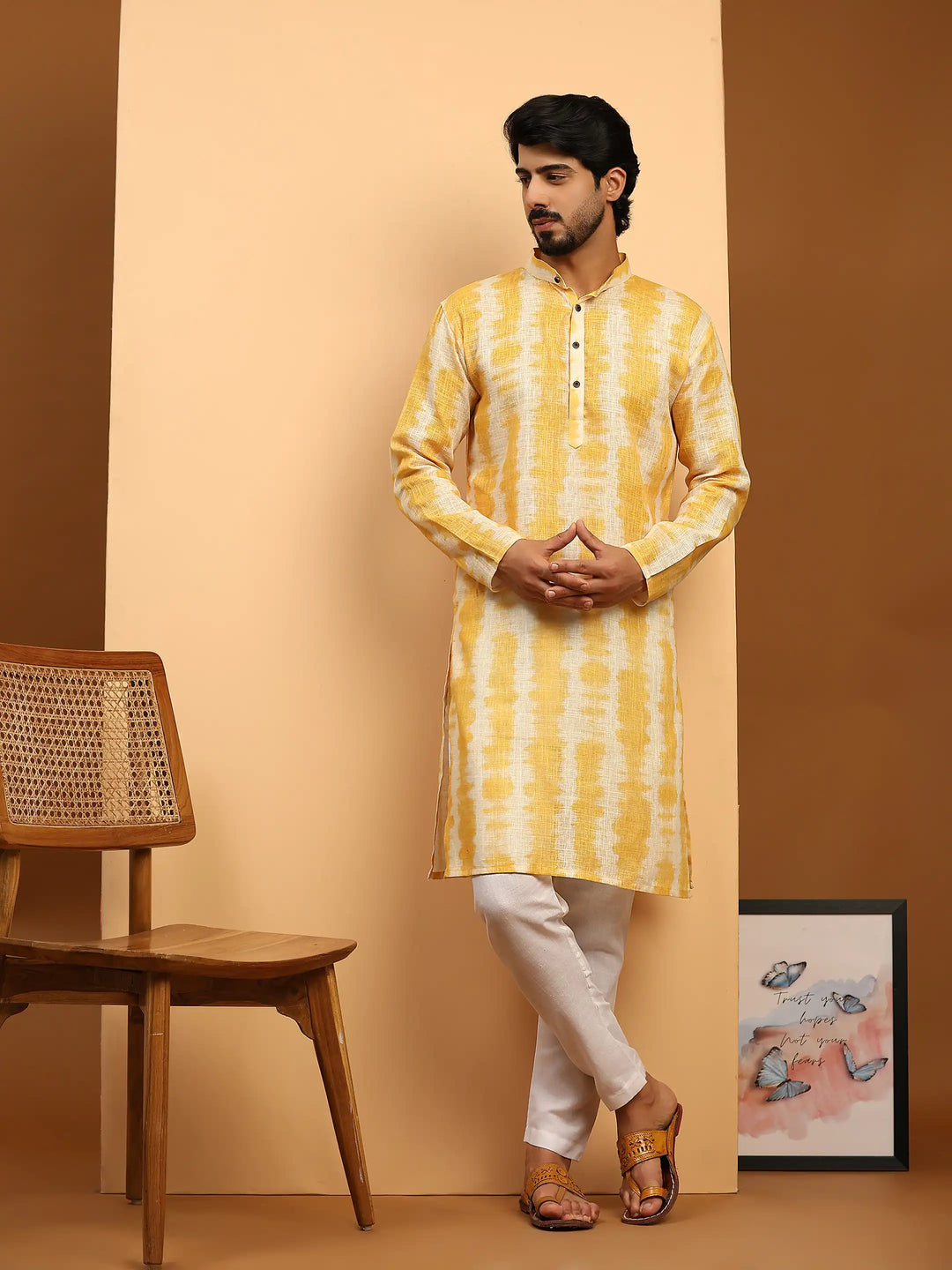 Haldi Ceremony Kurta Pajama for Men | Stylish Linen with Tie-Dye Prints