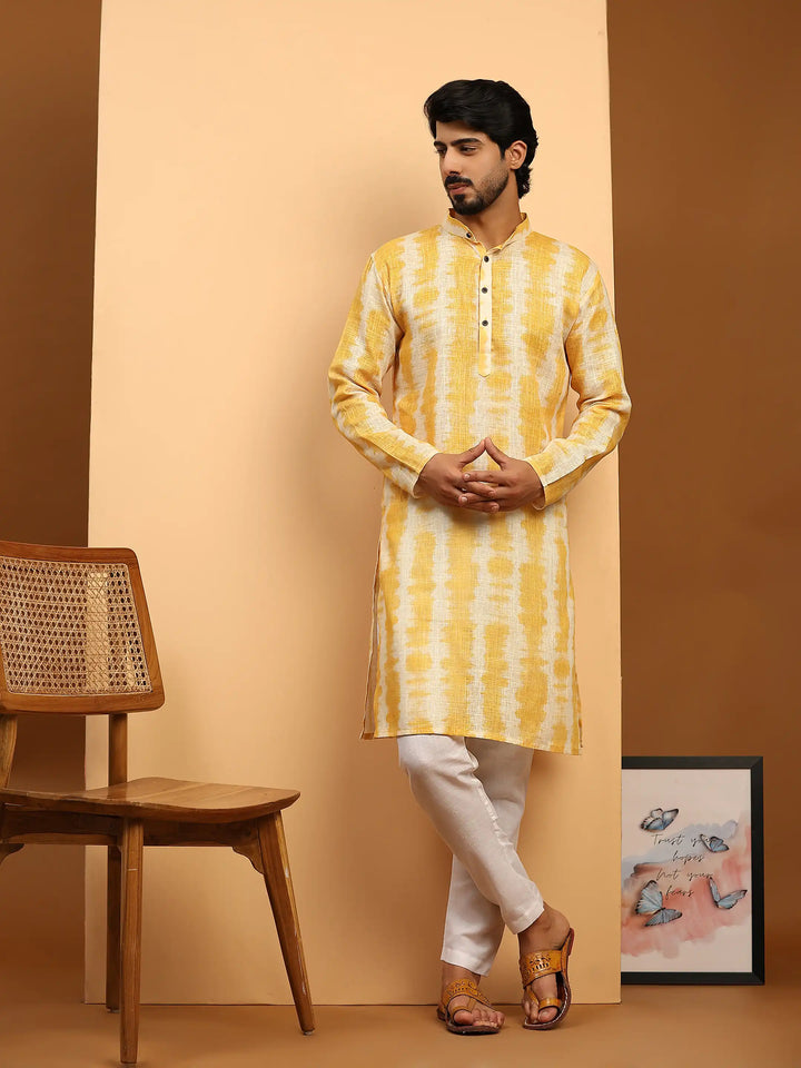 Haldi Ceremony Kurta Pajama for Men | Stylish Linen with Tie-Dye Prints