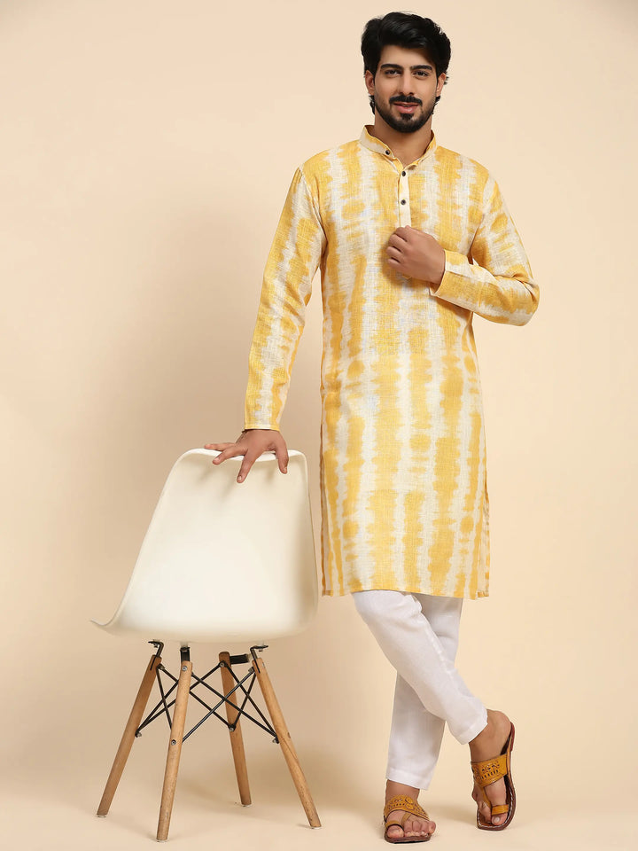 Haldi Ceremony Kurta Pajama for Men | Stylish Linen with Tie-Dye Prints