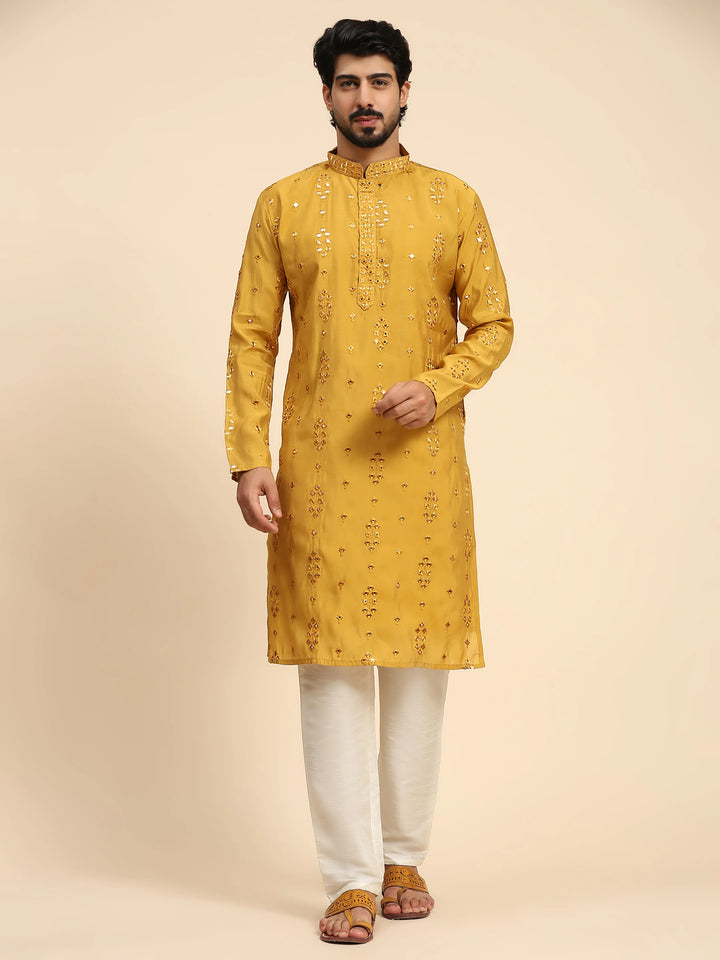 Designer Men's Silk Kurta Set | Mirror Work for Haldi Celebrations