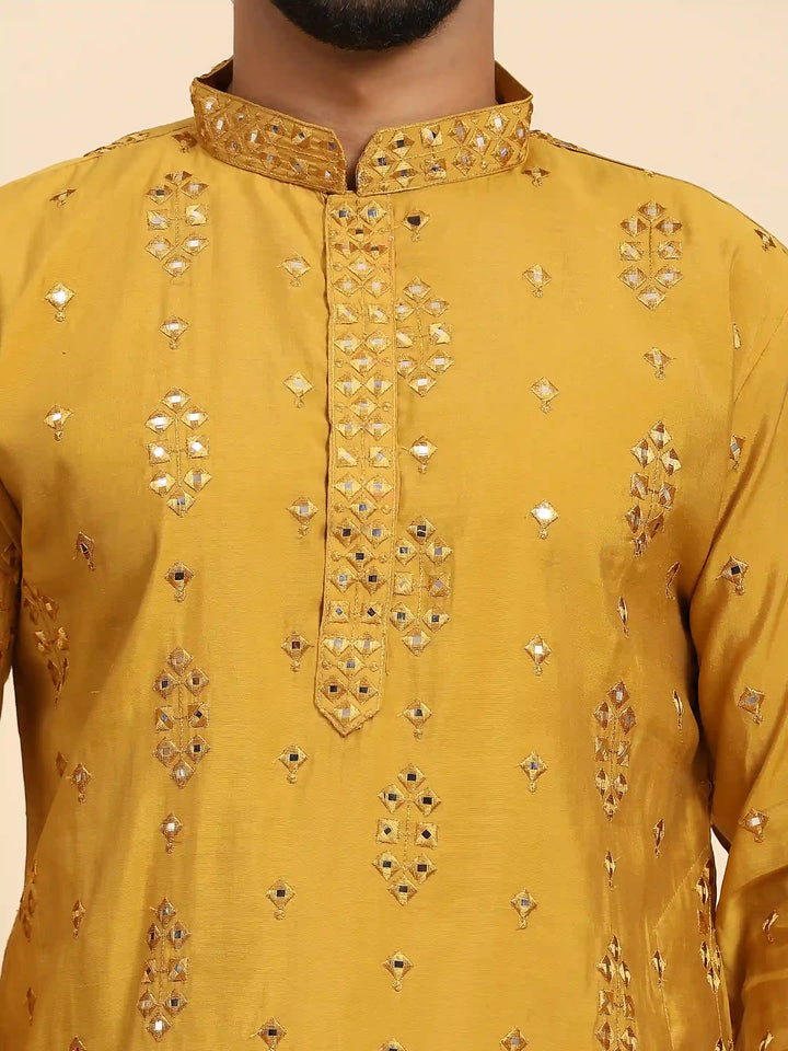 Designer Men's Silk Kurta Set | Mirror Work for Haldi Celebrations