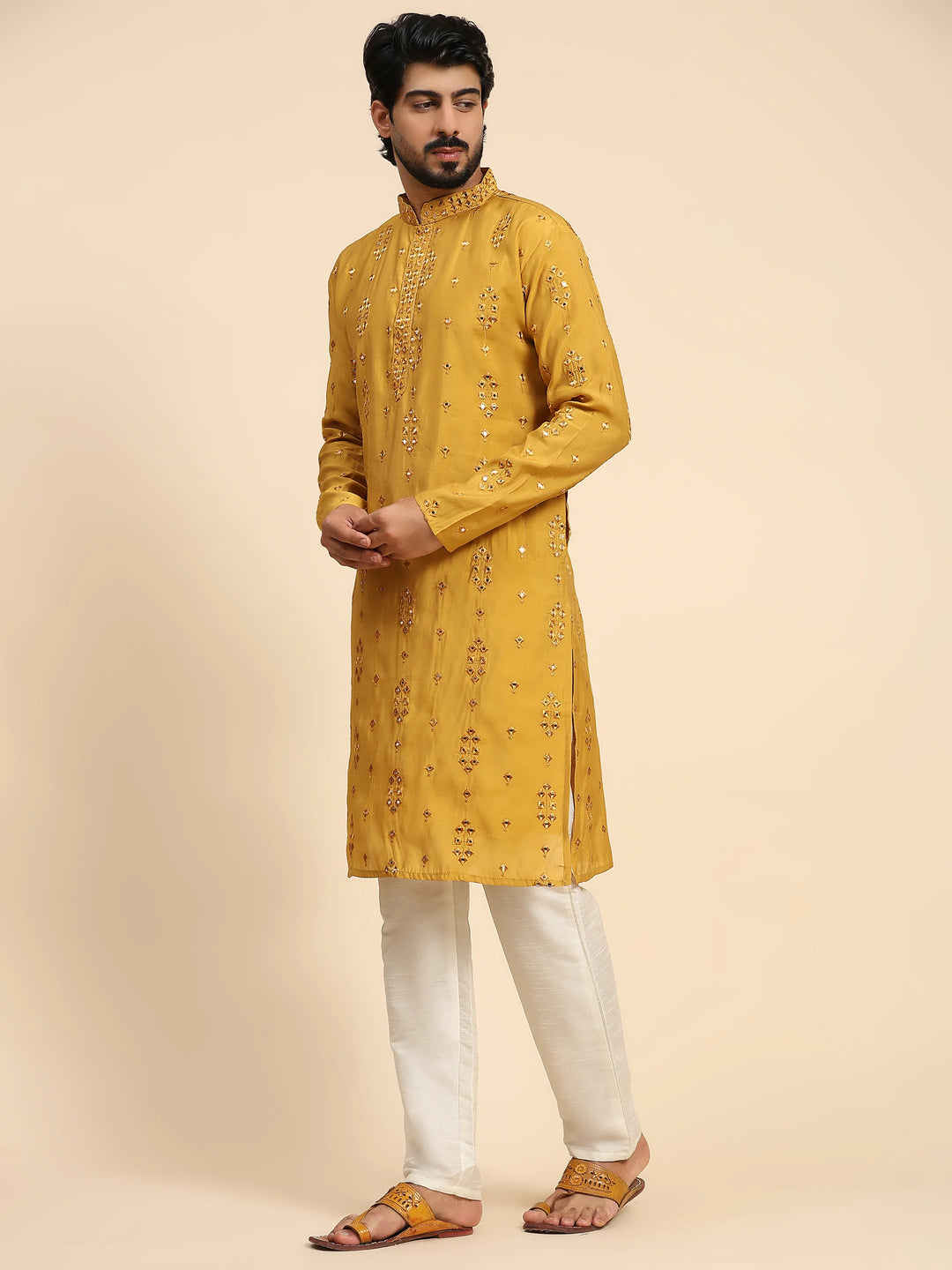 Designer Men's Silk Kurta Set | Mirror Work for Haldi Celebrations