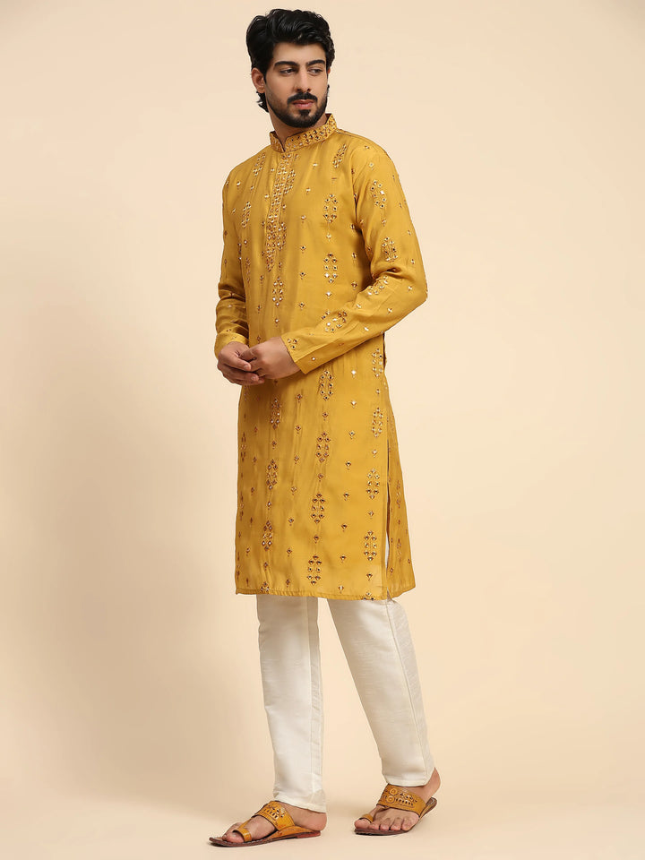 Designer Men's Silk Kurta Set | Mirror Work for Haldi Celebrations