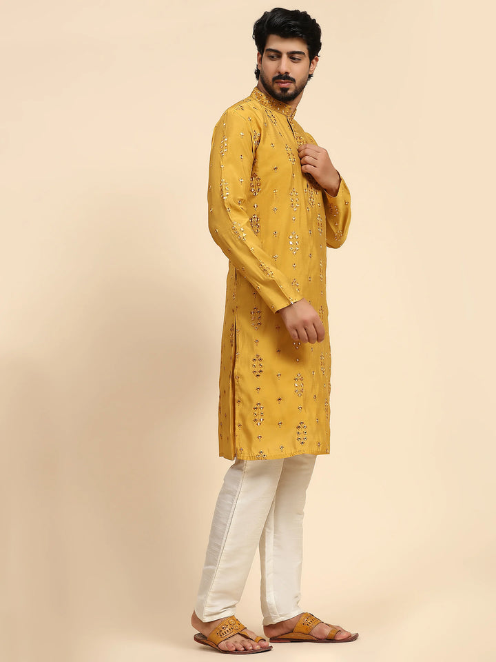 Designer Men's Silk Kurta Set | Mirror Work for Haldi Celebrations