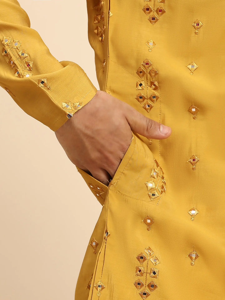 Designer Men's Silk Kurta Set | Mirror Work for Haldi Celebrations