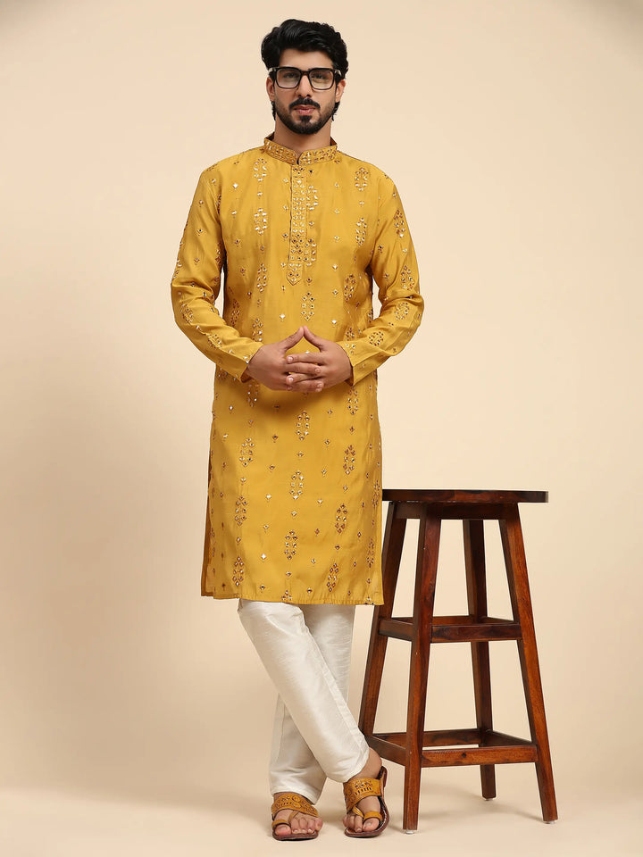 Designer Men's Silk Kurta Set | Mirror Work for Haldi Celebrations