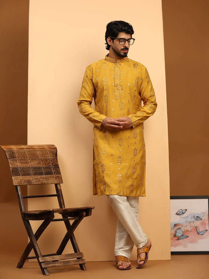 Designer Men's Silk Kurta Set | Mirror Work for Haldi Celebrations