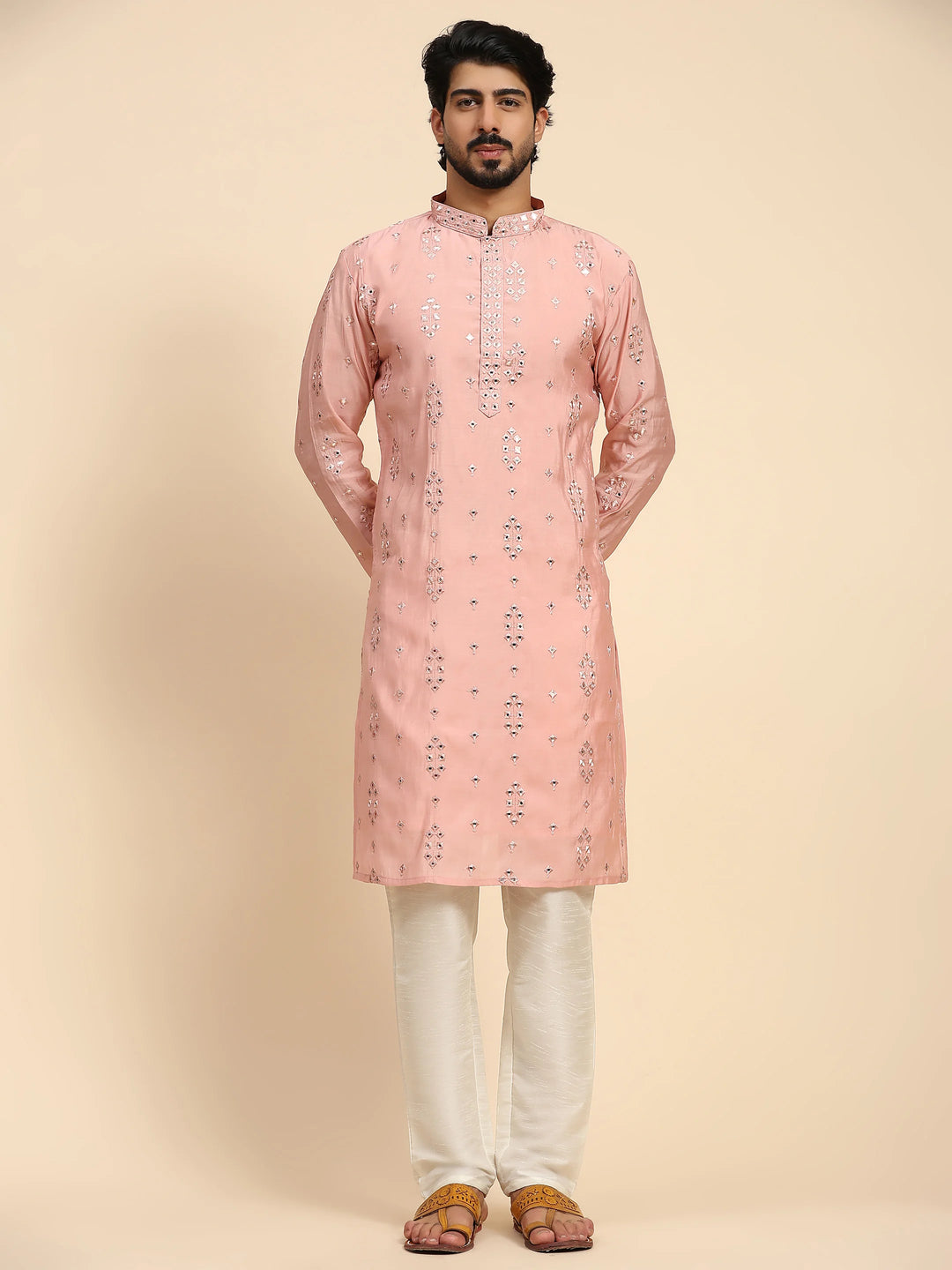 Designer Men's Silk Kurta Set | Mirror Work for Haldi Celebrations