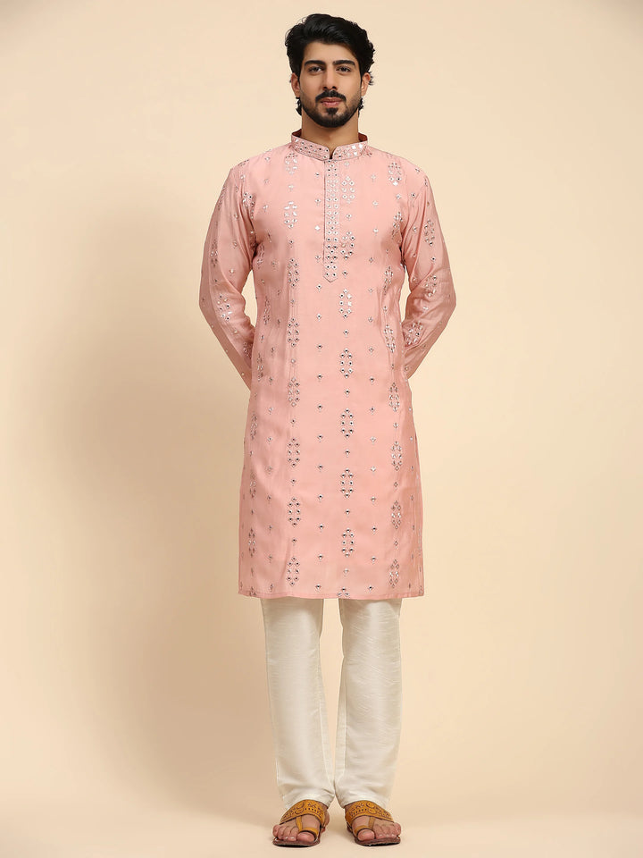Designer Men's Silk Kurta Set | Mirror Work for Haldi Celebrations