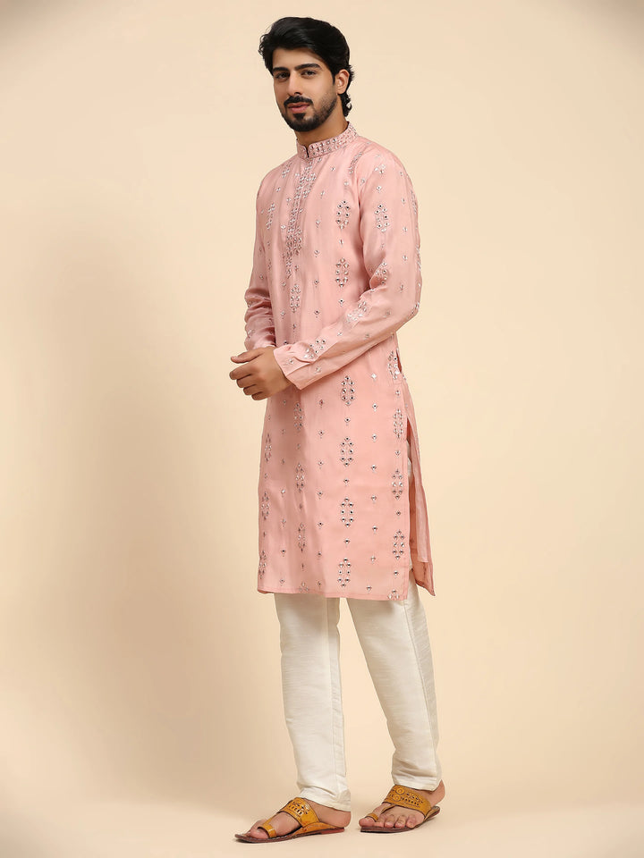 Designer Men's Silk Kurta Set | Mirror Work for Haldi Celebrations
