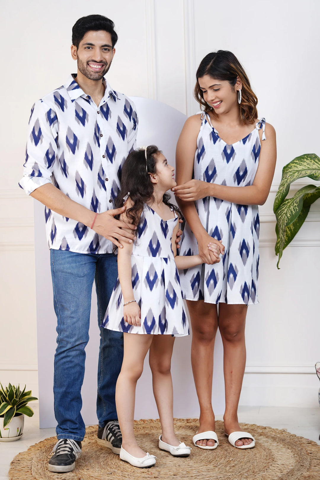 Beautiful Blue and White Ikkat Printed Dress with Matching Shirt Family Set