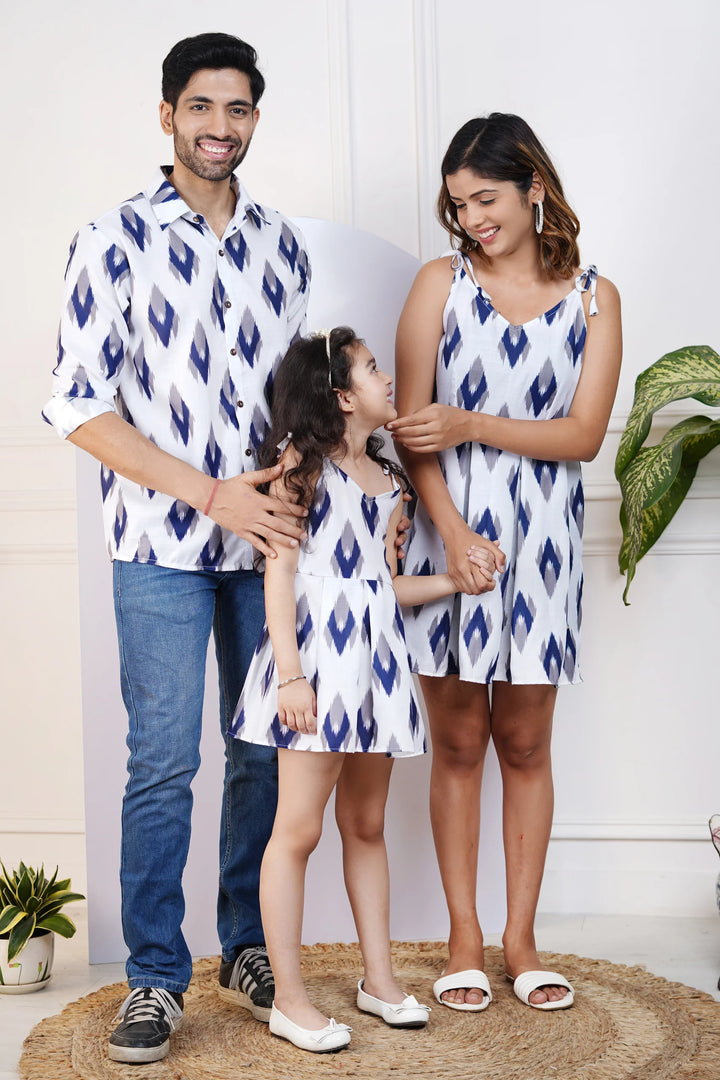 Beautiful Blue and White Ikkat Printed Dress with Matching Shirt Family Set