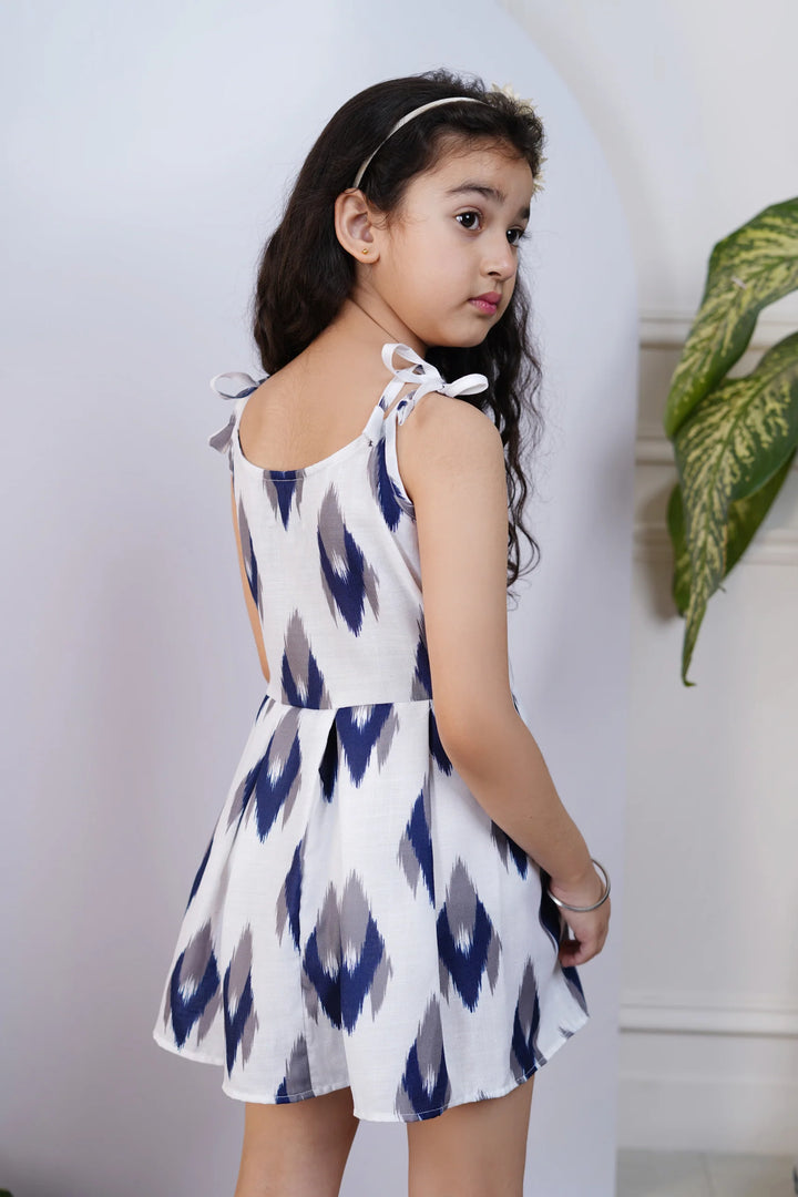 Blue and White Ikkat Printed Dress for kids