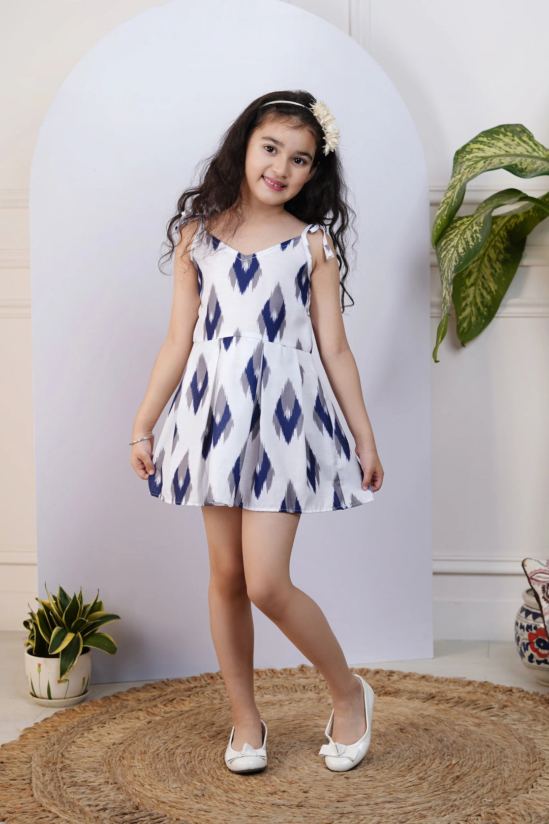 Blue and White Ikkat Printed Dress for kids