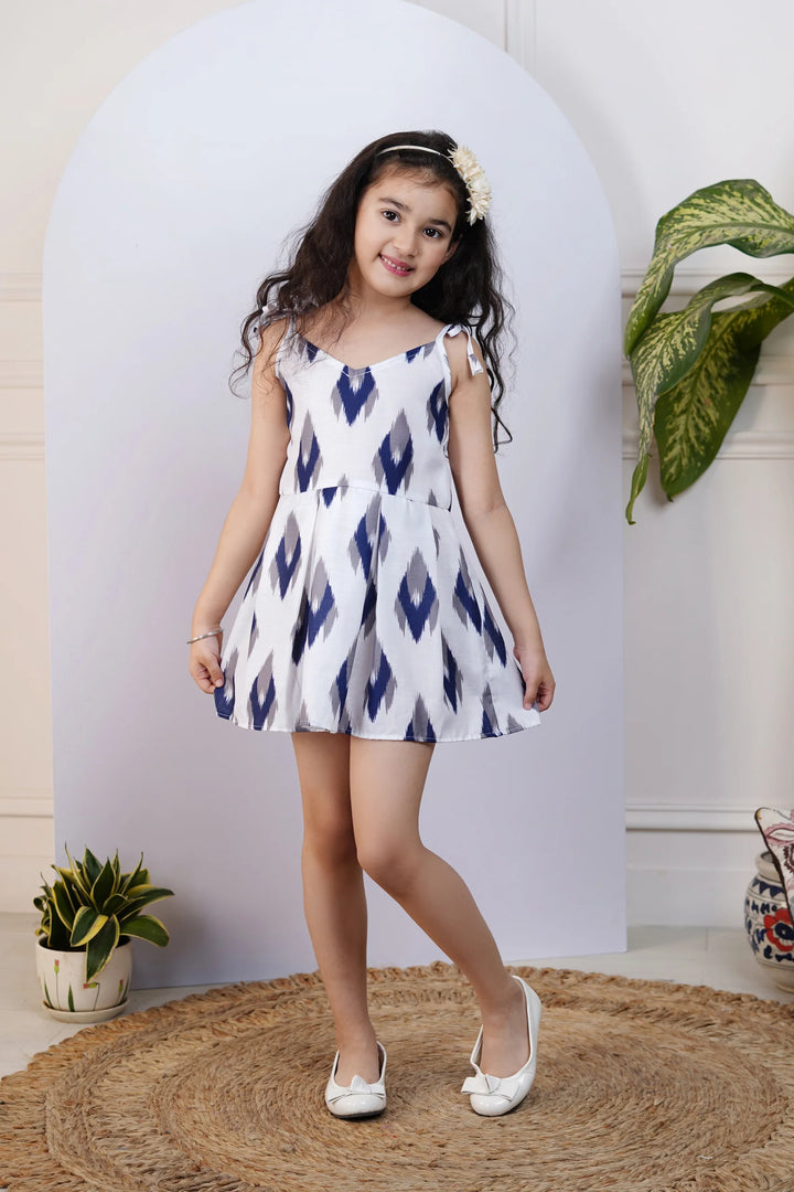 Blue and White Ikkat Printed Dress for kids