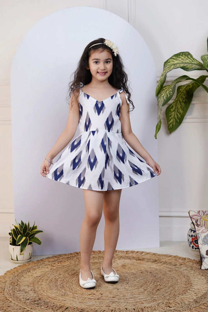 Blue and White Ikkat Printed Dress for kids
