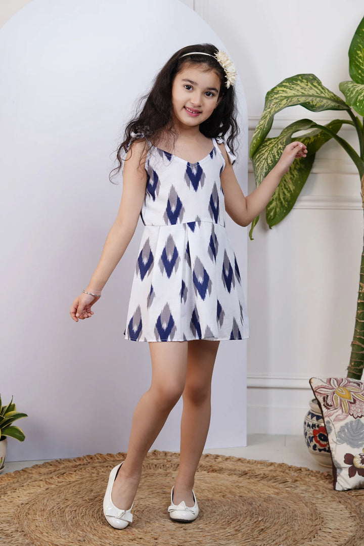Blue and White Ikkat Printed Dress for kids