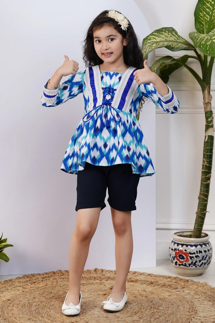 Navy Blue Ikkat Printed Top for Kid