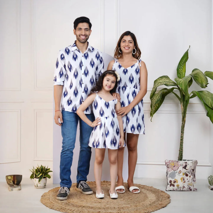 Beautiful Blue and White Ikkat Printed Dress with Matching Shirt Family Set