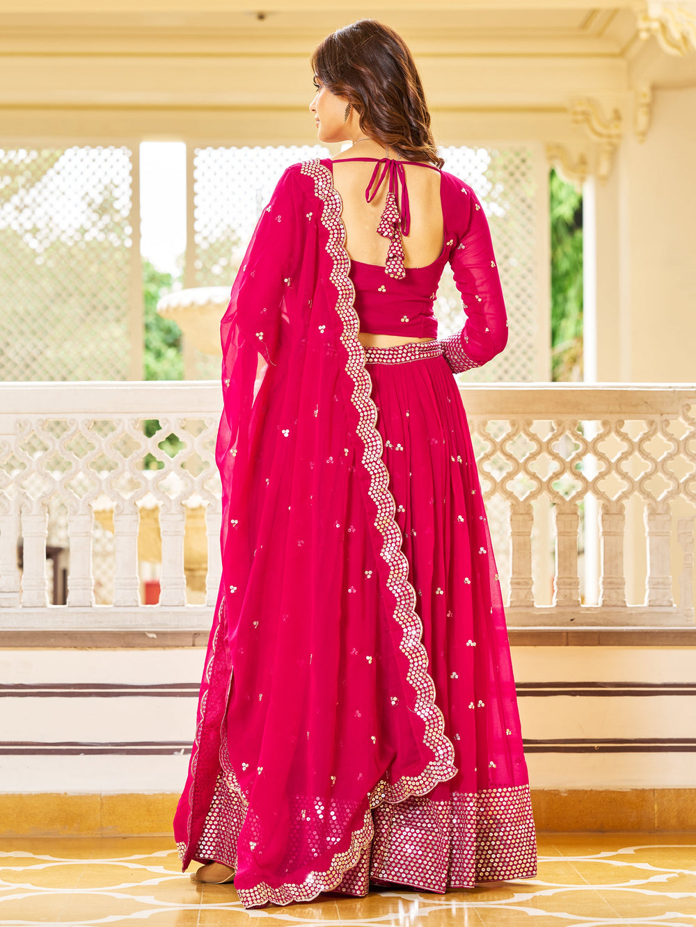 AlluringÃƒâ€šÃ‚Â Pink Sequins Georgette Engagement Wear Lehenga Choli