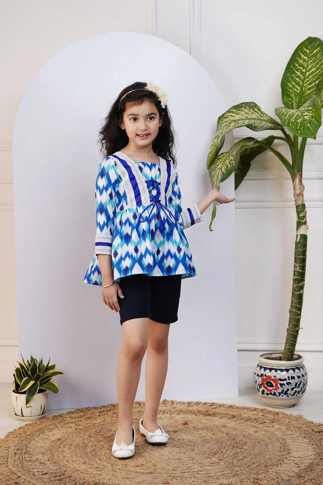 Navy Blue Ikkat Printed Top for Kid
