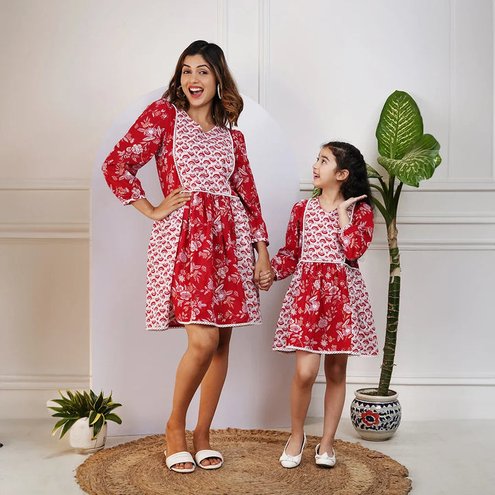 Matching Red and White Printed Dresses for Mom and Daughter
