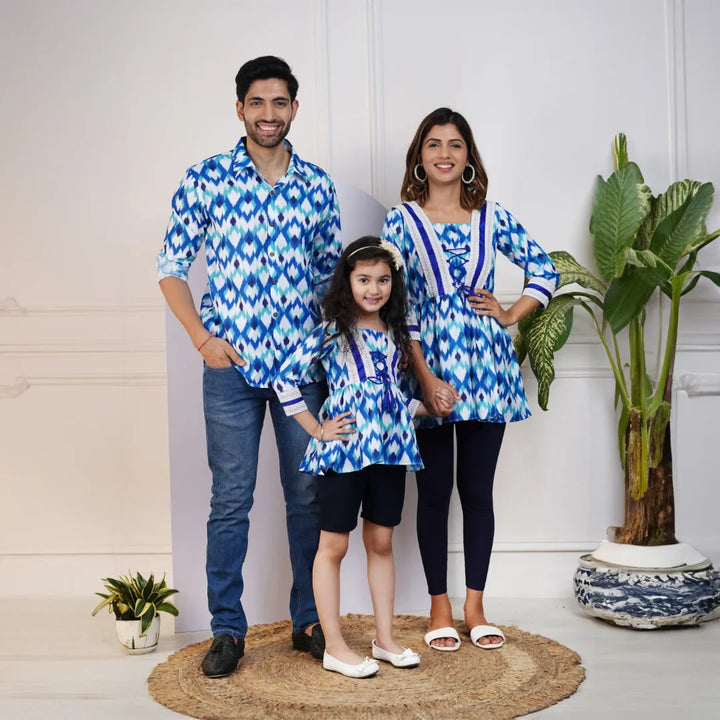 Stylish Blue Ikkat Printed Top with Matching Shirt Family Set