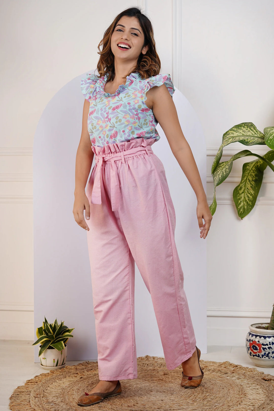 Sky Blue Floral Printed Top with Pink Pants for Mom