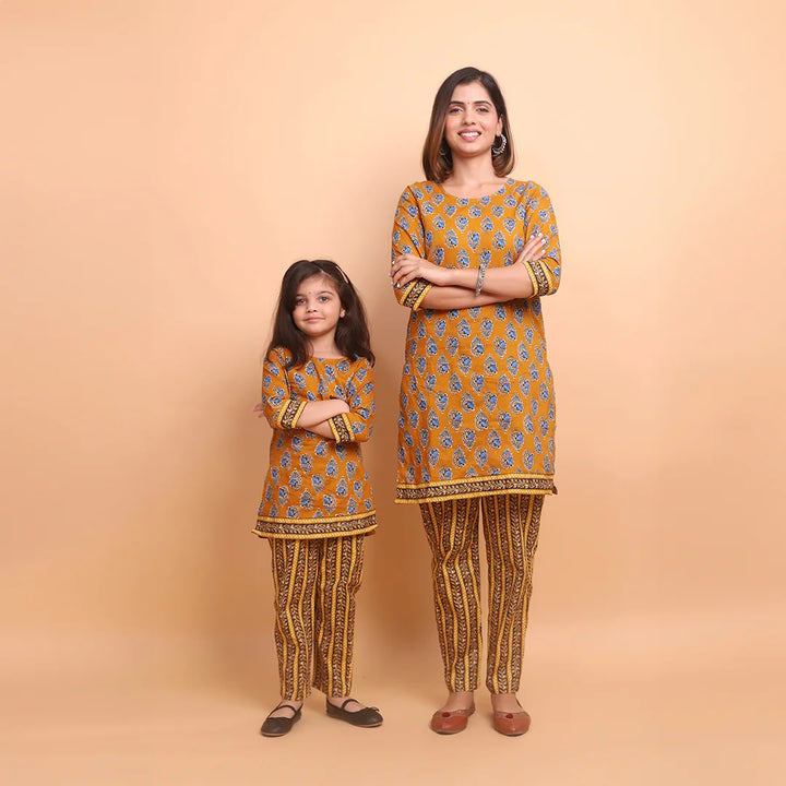 Mustard And Blue Printed Kurti Mom and Daughter Twin Set
