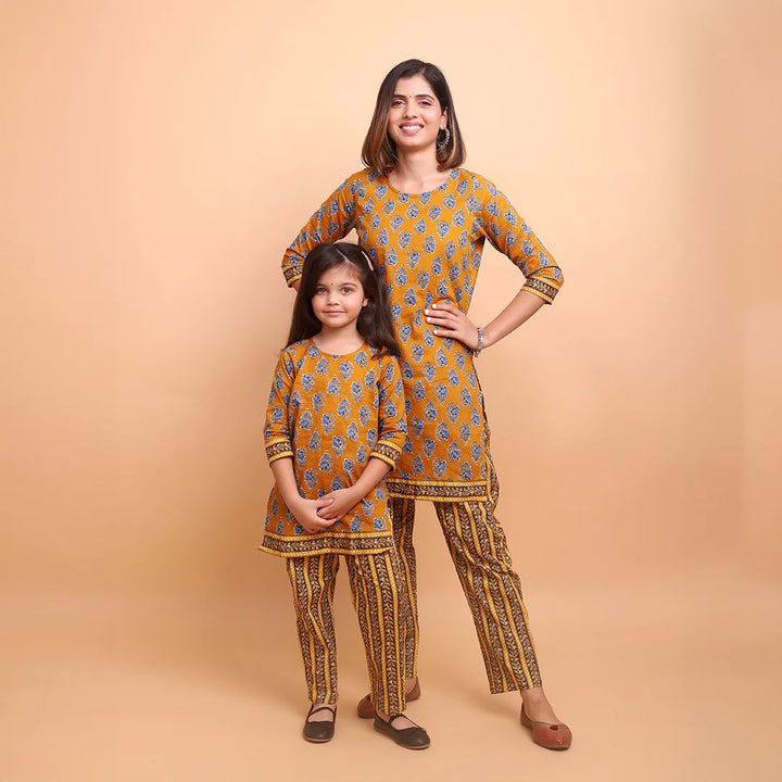 Mustard And Blue Printed Kurti Mom and Daughter Twin Set