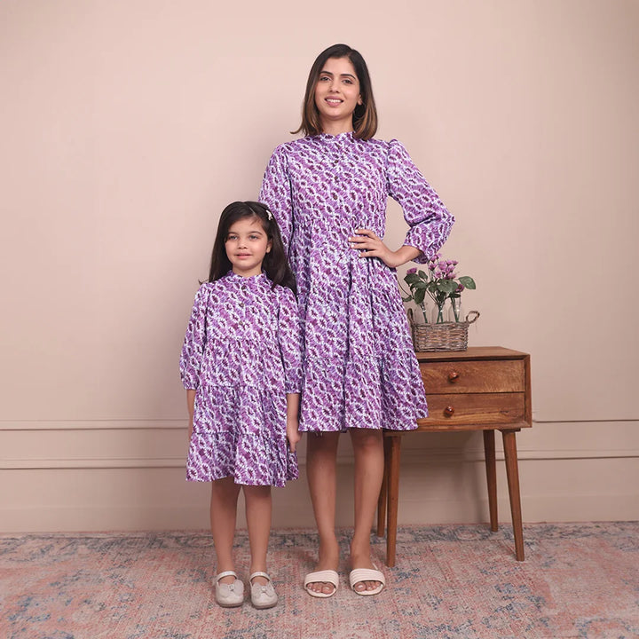 Twin Style Statements: Purple Cotton Collar Dresses for Mom and Daughter